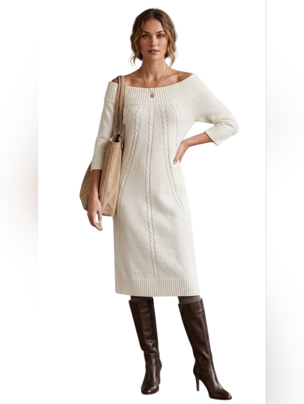 NWT New York & C  Off The Shoulder Cable Knit Sweater Dress Sz L